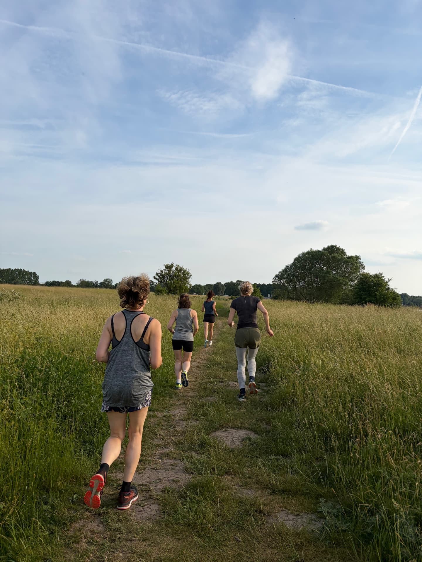 Vrouwen lopen samen over een pad door het hoge gras